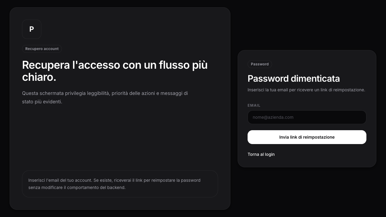 Schermata recupero password Xevora