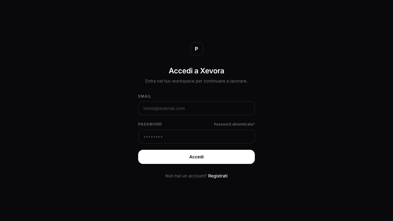 Schermata login Xevora